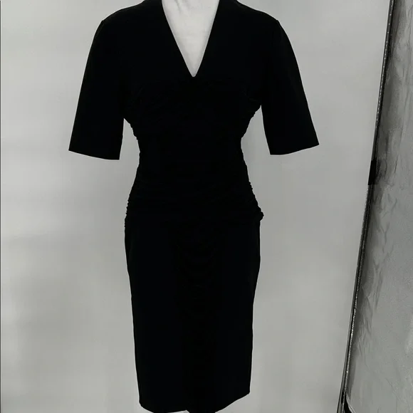 Burberry London Ruched Sheath Dress Black Size 12 Midi V-Neck Designer Bodycon - Picture 3 of 11